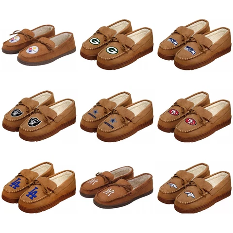 NFL,MLB ,NBA Team Tan Moccasin Hard Rubber Sole Men's Slippers Cover