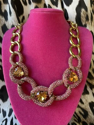 Betsey Johnson Pinkalicious Pink Crystal Pave Lucite Heart Gold Link Necklace - Image 1 of 4