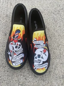 ED HARDY Loafers Sneakers TATTOO SKULL SWORD Womens Sz 7.5 BRAND NEW ❤️blt11j5 - Picture 1 of 12