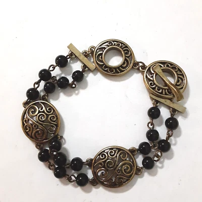 Pulsera doble fila cuentas negras 7,5 a 8 pulgadas Foto 1 de 4