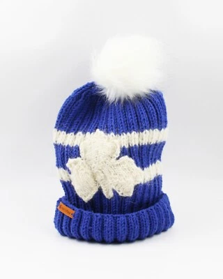 手工针织定制游戏日枫叶美利奴和羊毛蓝色和白色帽子 L — 第 1/4 张图片