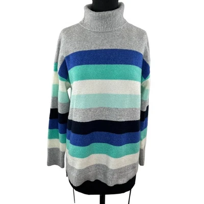 Nuevo con etiquetas Suéter Pullover Talbots Gris Azul Rayas Tejido Manga Larga Cuello Alto PXL Foto 1 de 4