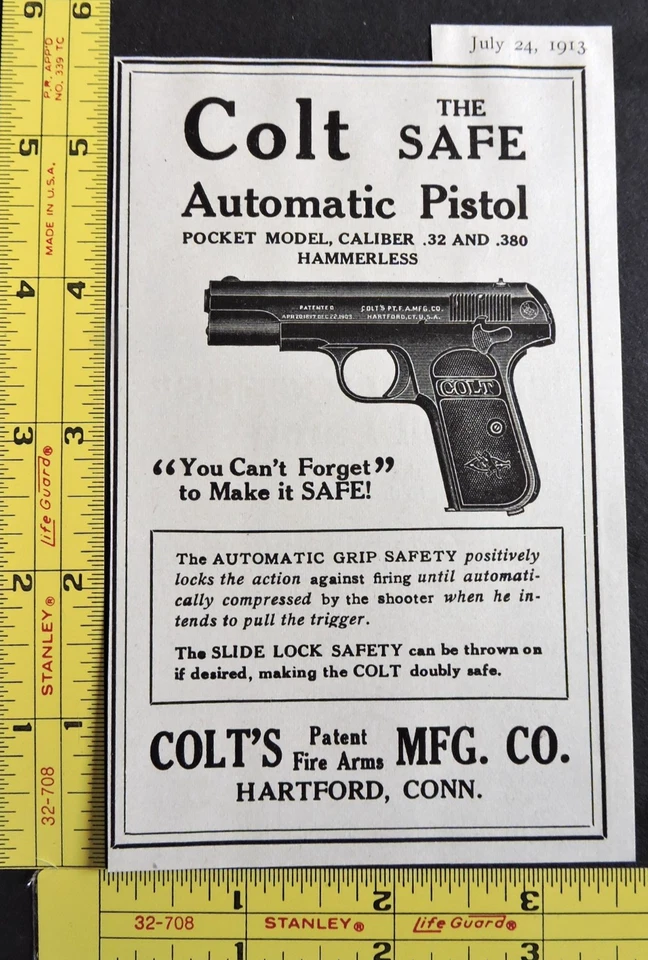 Antiguo anuncio de 1913 - COLT Fire Arms Mfg pistola automática sin martillos .32 y .380 de colección Foto 1 de 1