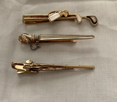 (Grupo de 3) BARRAS DE CORBATA vintage con madreperla - palos de golf, caballo, caña y carrete Foto 1 de 4