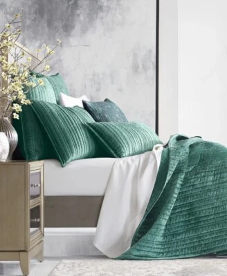 Hotel Collection Variegated Stripe Velvet Full/ QueenCoverlet Emerald Green - Image 1 of 4