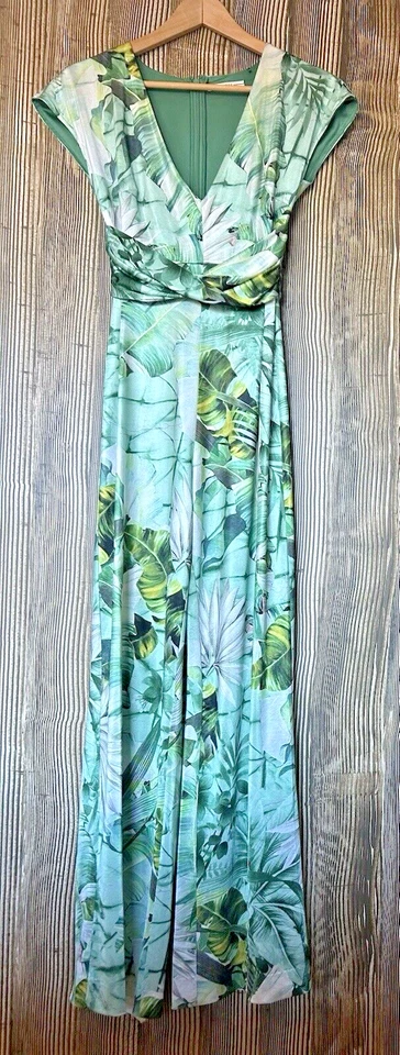 GUESS Women's Candice Tropical Print Jumpsuit Green Satin V Neck Vacay Sz XS - Image 1 of 4