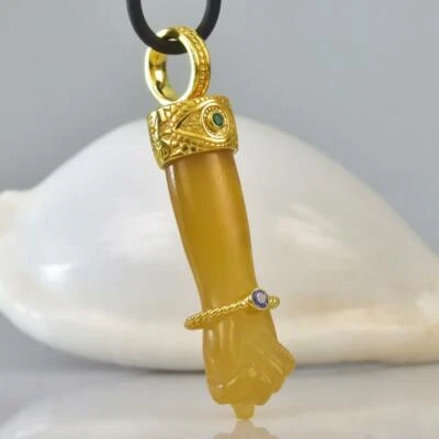 Gold Vermeil Sterling Mano Fico Figa Anhänger Chalzedon Smaragd Tansanit 12.44 - Bild 1 von 4