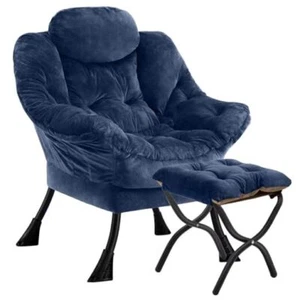 Lazy Chair with Folding Ottoman,Leisure Sofa Chair,Soft Fabric Plush Navy - Picture 1 of 7
