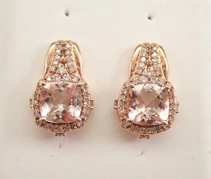 Cushion Cut Morganite and Diamond Halo Drop Earrings Rose Gold Unique - Picture 1 of 5