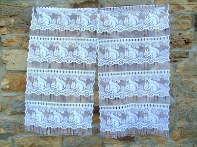 French pair white  curtains  lace motif squirrel chipmunk  16'' x 41.5'' of each - Image 1 of 4