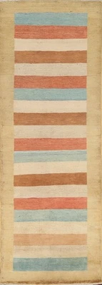 Striped Oriental 7 ft Runner Rug 3x7 Wool Hand-knotted Contemporary Carpet - Image 1 of 4