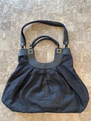 BCBG Max Mara Mujer’s Cuero Negro Y Lino Hobo Bolso de Hombro Bolso de Mano Foto 1 de 4