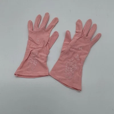 Vintage Light Pink Formal Gloves Wrist Length Girls Embroidery - Image 1 of 2