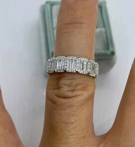 Lab Created 2Ct Baguette & Round Diamond Wedding Band Ring 14K White Gold Plated - Picture 1 of 5