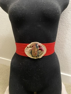 Charmant Vintage ~80s Era Stretch Belt Red With Gold Crane Buckle - Image 1 of 4