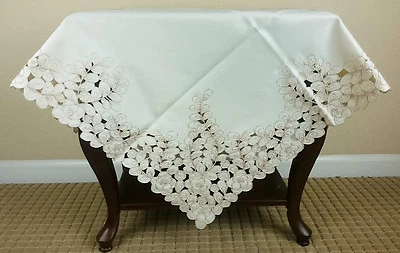 Embroidery Peacock Solid Beige Fabric Cutwork Tablecloth End Table Night stand - Image 1 of 4