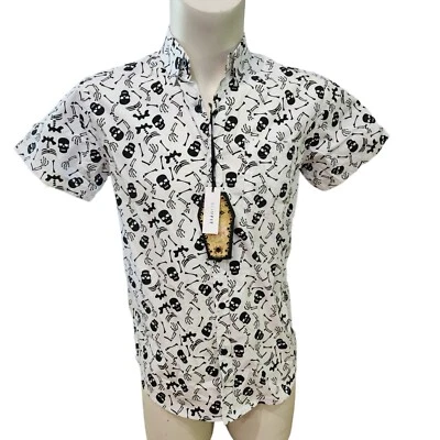 Camisa masculina Eighth Avenue Skull Bones manga curta botão para baixo branca preta P nova com etiquetas - Imagem 1 de 4
