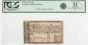 Fr. GA-61, 1776 Georgia Colonial Currency, 3 Pence, PCGS 53 Apparent - Picture 1 of 4