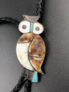Zuni MultiStone Inlay Sterling Silver Owl Bolo Tie ~2 1/2" - Picture 1 of 5