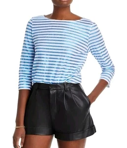 Majestic Filatures Linen Blend Boat neck Blue Foil Striped 3/4 Sleeve 4 Large - Picture 1 of 5
