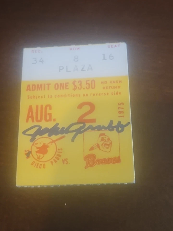 johnny grubb signed 1975 padres ticket stub autographed san diego 3 Hits game - Image 1 of 1