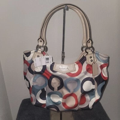 NUEVO CON ETIQUETAS COACH 233310 Ashley OP Art Bufanda Cartera Bolso Multicolor Rojo Blanco Azul Foto 1 de 4