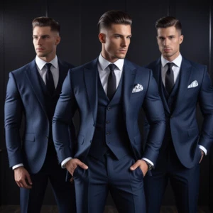 Men's Navy Blue 3 Piece Suit Slim fit 2 Button Casual Office Business Suit Set - Picture 1 of 6