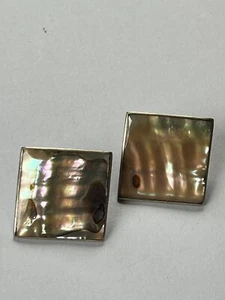 Vintage Large Abalone Squares in 925 Mexico Marked Silver Setting Screwback Earr - Picture 1 of 9