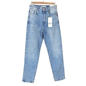 Zara Mom Fit Jeans EU 36 US 4 Medium Wash High Rise Ankle Minor Distressing - Picture 1 of 6