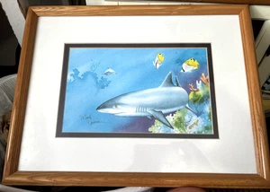 Mark Newman Art Print Shark & Tropical Fish Watercolor Signed & Framed - Picture 1 of 6