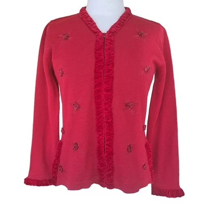 Cárdigan Suéter Pequeño Borde Terciopelo Roseta Artístico April Cornell Rojo Mezcla Lana Foto 1 de 4