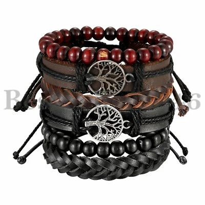 6 PIEZAS Árbol de la Vida Cordones de Cáñamo Cuentas de Madera Puño Envolvente Pulseras Pulseras de Cuero Pulseras Foto 1 de 4