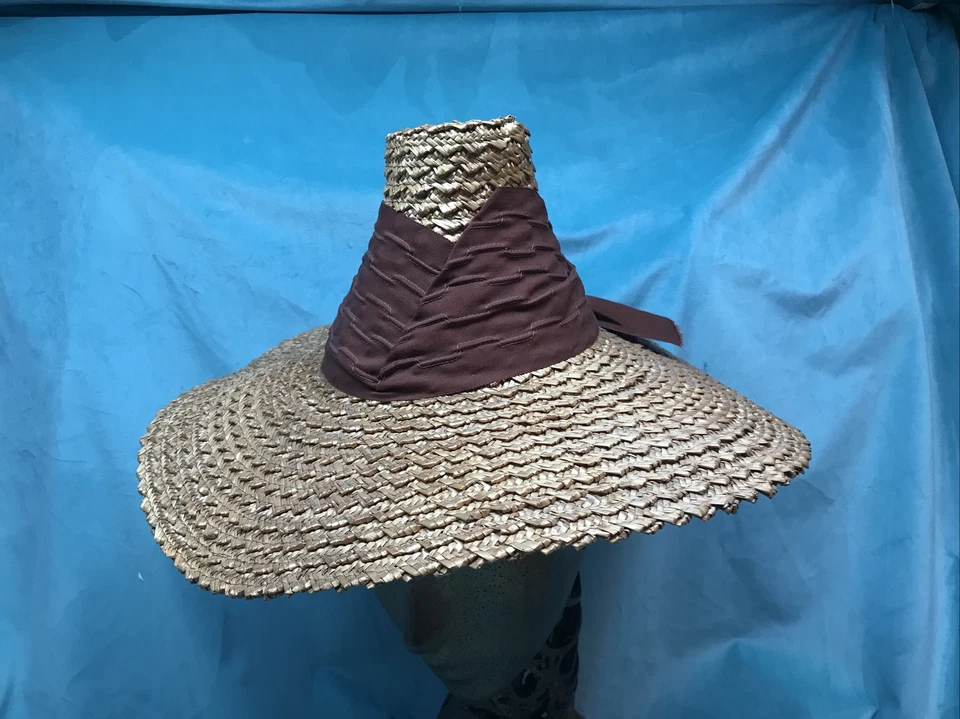 复古草帽 30 年代 40 年代倾斜宽边棕色高冠 — 第 1/4 张图片