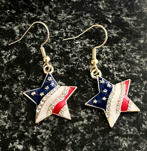 Pendientes colgantes estrella esmalte estrás patriótico 4 de julio rojo blanco azul oro - Imagen 1 de 4