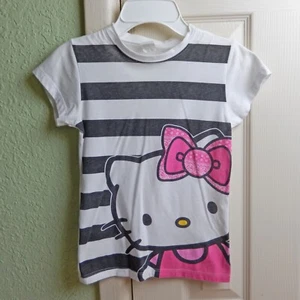 Hello Kitty Wearing Pink Bandana Hair Bow White Striped T Shirt Girls Small - Picture 1 of 4