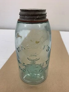 Vintage Mason's CFJ Half Gal Blue Blown Glass Jar Nov. 30 1858 w/Zinc Lid ~ H218 - Picture 1 of 11