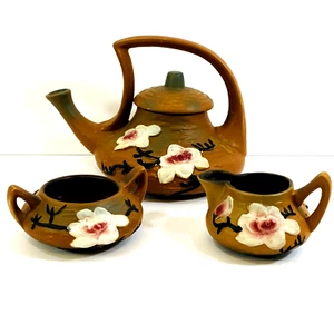Roseville Magnolia Art Pottery Teapot Sugar Bowl Creamer Tea Set 04 Terracotta - Picture 1 of 18