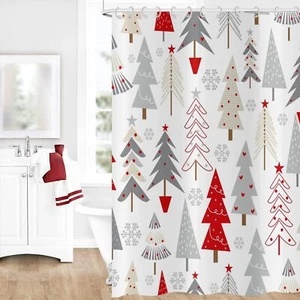 Christmas Tree Shower Curtain Grey Beige Red Xmas Tree With Stars Snowflake Cute - Picture 1 of 10