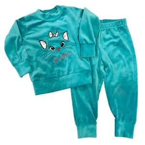 Disney Aristocats Marie Top Pants Set Approx 3T Velour Teal Blue Green Bonjour - Picture 1 of 19