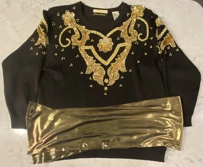 Suéter negro adornado con lentejuelas doradas vintage MEDIANO DANA SCOTT Foto 1 de 4