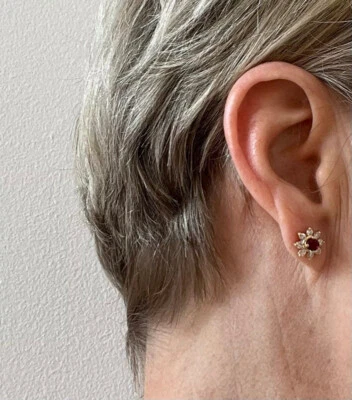 Natural Ruby and Real Diamond Earring Stud 14K Yellow Gold Floral Design - Image 1 of 4