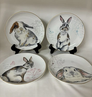 Pier One Bunny Rabbit Plates 8” Set Of 4 “Elegant Gray Bunnies” Pastels Easter - Image 1 of 4