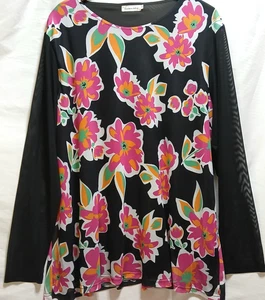 Southern Stitch 2XL Black Floral Blouse Long Sheer Mesh Sleeve Stretch Tunic Top - Picture 1 of 11