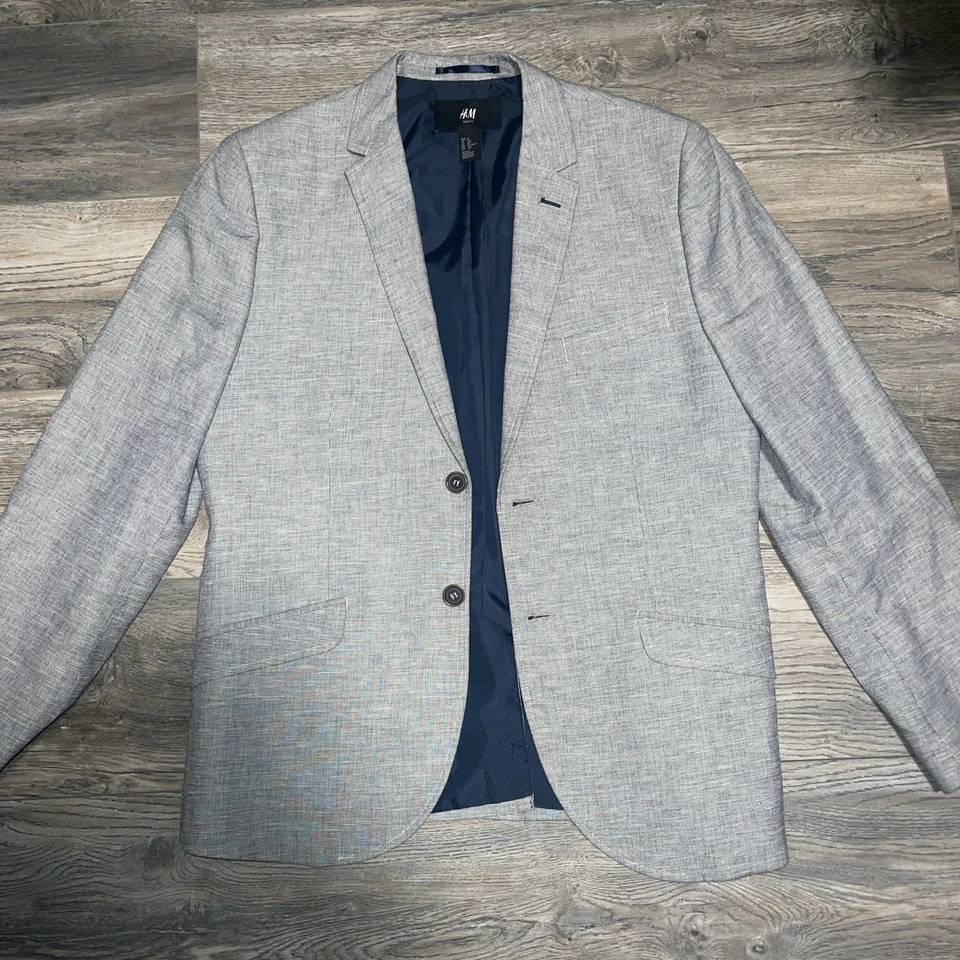 Blazer de lino H&M para hombre 42R gris calce ajustado parches en el codo traje chaqueta abrigo deportivo Foto 1 de 4