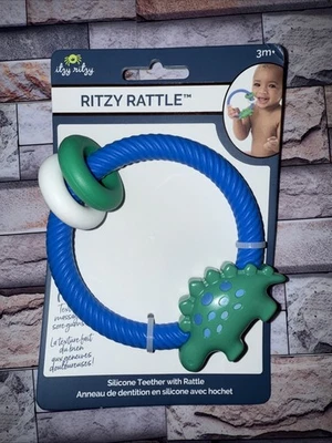 Itzy Ritzy Baby Rattle Silicone Teether With Rattle Dinosaur Ring Green Blue - Image 1 of 4