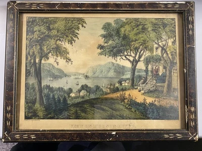 Litografia antiga original Currier & Ives verão “vista do rio Hudson” emoldurada - Imagem 1 de 4