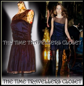Topshop KATE MOSS Navy Blue Silk Mini Dress Black Draped Tulle Sheer UK 12 40 8 - Picture 1 of 5