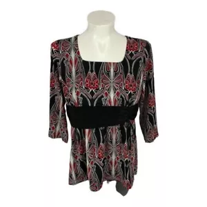 Studio 1940 Womens Black & Red Geometric Top 3/4 Sleeve Square Neck Size 18/20 - Picture 1 of 8