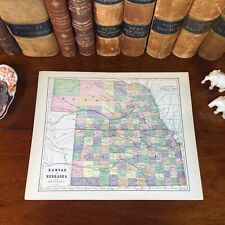 Original 1885 Antique Map KANSAS NEBRASKA Wichita Topeka Lincoln Fremont Kearney