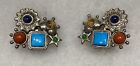 Vintage Robert Rose Clip Earrings Silver Tone Cabochon Faux Turquoise